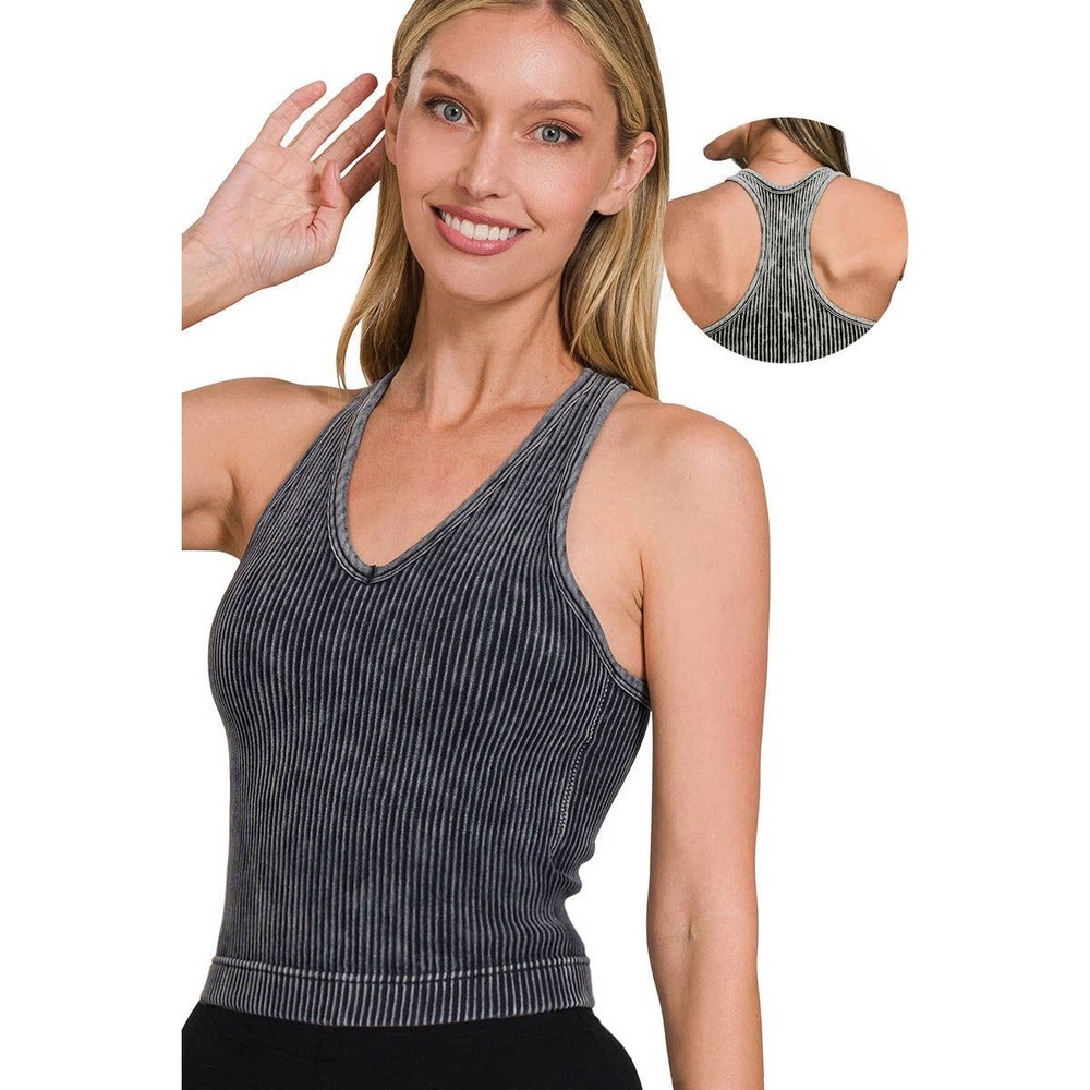Zenana Women Ribbed Mineral Wash Racerback Tank Top V-Neck Seamless Crop L/XL